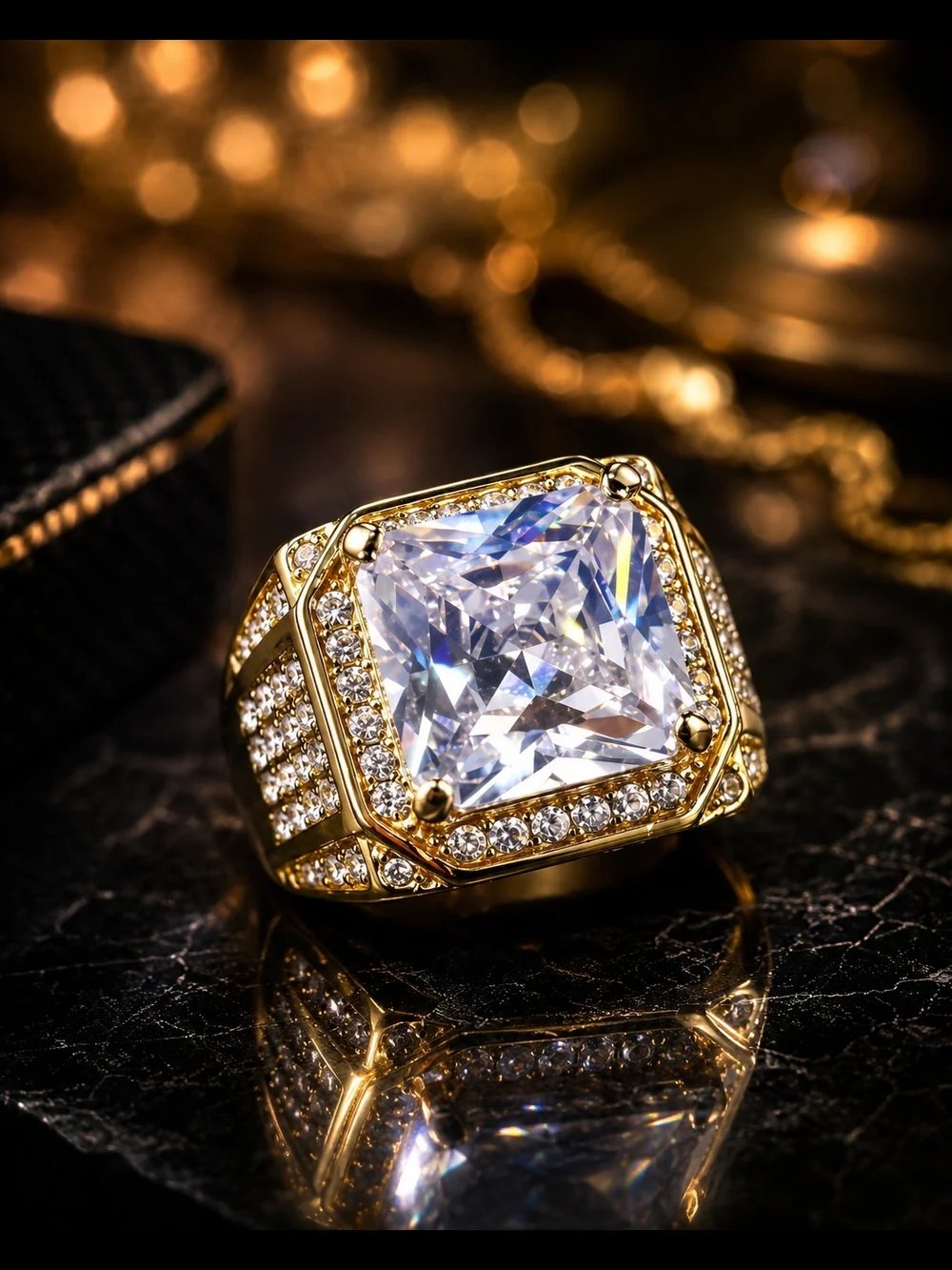 Men's Size 8 Gold Tone Iced CZ Ring Square Cut Pave Hip Hop Bling